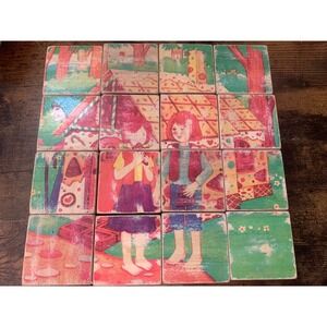 Vintage Wooden Puzzle Gingerbread House Big Bad Wolf Fairytale Cube - 6 Sided